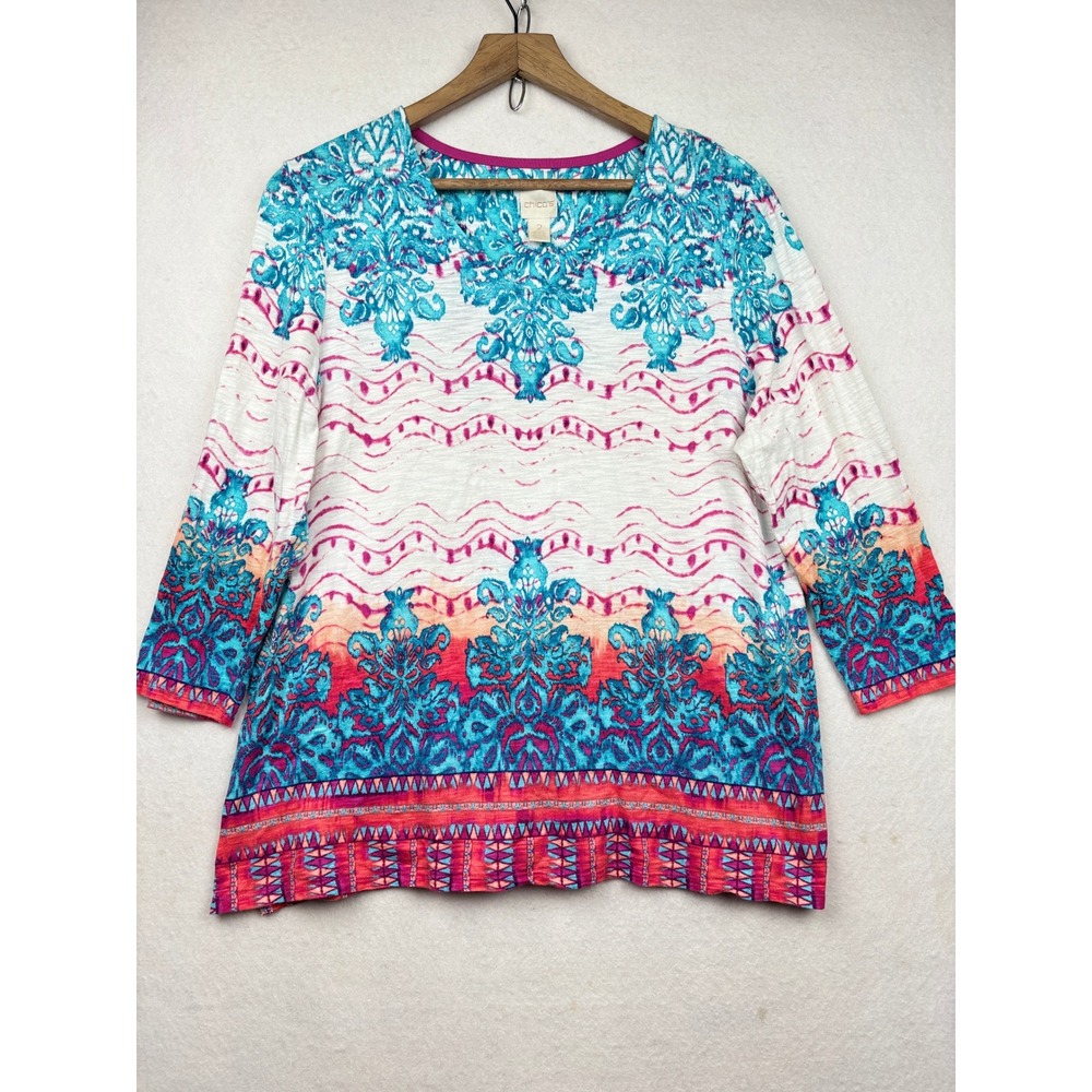 Chico's Damask Print Top Womens Size 2 Large 12‎ Artistic Boho Knit
